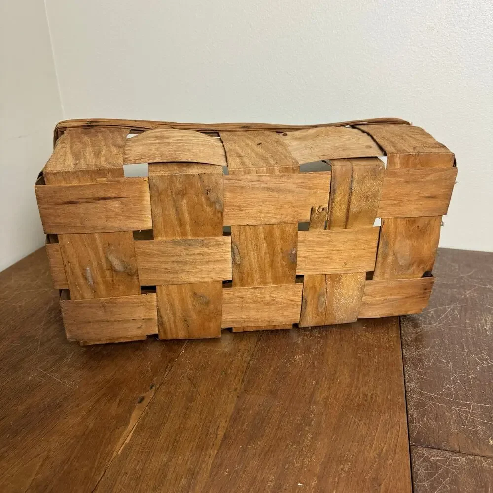 Vintage Primitive Woven Splint Wood Harvest Basket with Fixed Handle Brown